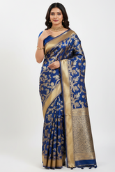 Blue Banarasi Silk Animal Motif All Over Woven Saree