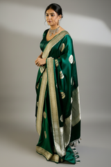 Bottle Green Mango Silk Woven Saree Contrast Border and Pallu