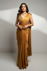 Golden Satin Silk Pre Draped Saree with Cutdana and Pearl Worked Jacket