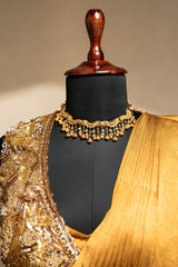 Golden Satin Silk Pre Draped Saree with Cutdana and Pearl Worked Jacket