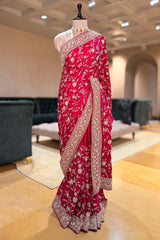 Pink Satin Silk Designer Zardosi and Sequin Worked Saree