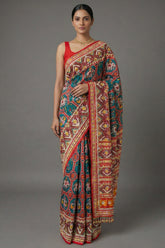 Green Silk Traditional Patola Saree with Multi Colored Bead and Mirror Work