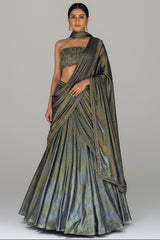 Grey Georgette Pre Draped Lehenga Style Saree with Cutdana Work Co-ord Set Blouse