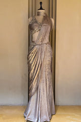 Beige Pre-Draped Saree with Embroidered Blouse