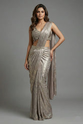 Beige Pre-Draped Saree with Embroidered Blouse