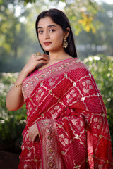 Pink Georgette Floral Woven Checks Saree with Sequin Beaded Work