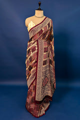 Brown Modal Silk Checks Ajrakh Printed Saree