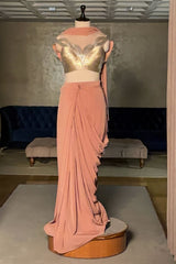Pink Lycra Net Pre Draped Saree with Structured Blouse