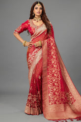 Red Dola Tissue Silk Floral Woven Saree with Readymade Blouse