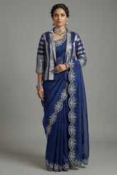 Blue Organza Solid Saree with Scalloped Zardosi Cutdana Worked Border and jacket-style Readymade Blouse