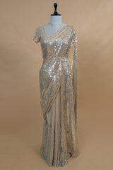 Beige Net Half and Half Designer Saree with Sequins and Cutdana Work