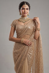 Beige Net Half and Half Designer Saree with Sequins and Cutdana Work
