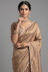 Beige and Golden Two Toned Woven Saree with Beaded V Neckline Readymade Blouse