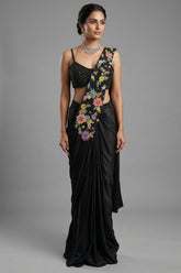 Black Crepe Satin Silk Floral Embroidered Readymade Saree