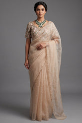 Metallic Silver Organza Saree Featuring Handcrafted Sequins and Beads Work with Readymade Blouse