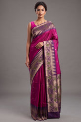 Rani Magenta Handloom Silk Weaving Saree with Indigo Contrast Border and Traditional Temple Motifs