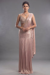 Blush Pink Metallic Pre-Draped Lehenga Saree Set with Hand-Embroidered Cutdana Choli