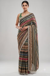 Brown and Multi Colored Georgette Striped Saree with Beads and Cutdana Lace