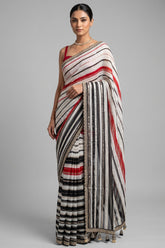 Multi Colored Georgette Striped Saree with Beads and Cutdana Work