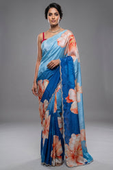 Blue Ombre Crepe Silk Floral Printed Saree