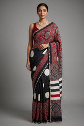 Black Crepe Silk Ajrakh Printed Saree