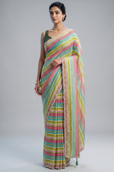 Multi Colored Satin Silk Stripe Printed Saree
