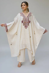 Pearl White Linen Mirror Embroidered Kaftan Set
