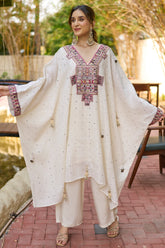 Pearl White Linen Mirror Embroidered Kaftan Set