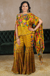 Mustard Yellow Gaji Silk Printed Sharara Set