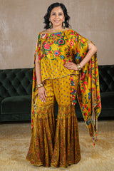 Mustard Yellow Gaji Silk Printed Sharara Set