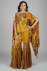 Mustard Yellow Gaji Silk Printed Sharara Set