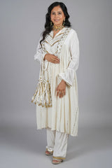 Pearl White Cotton Silk Lace Worked Suit