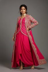 Pink Raw Silk Designer Heavy Worked Crop Top Jacket with Pleated Dhoti Skirt