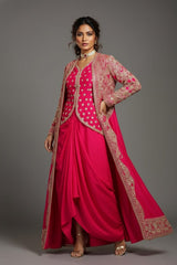 Pink Raw Silk Designer Heavy Worked Crop Top Jacket with Pleated Dhoti Skirt