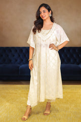 Off White Georgette Lucknowi Sequin Worked Kaftan Set