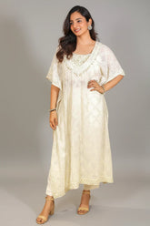 Off White Georgette Lucknowi Sequin Worked Kaftan Set