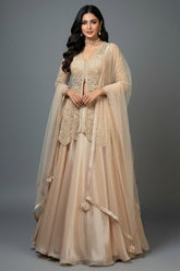 Beige Net Embellished Sequin Cutdana Worked Slit Cut Peplum Top with Lehenga