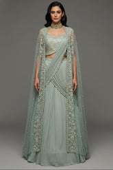 Light Mint Green Satin Embellished Crop Top Lehenga Set with Attached Dupatta and Long Shurg