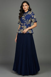 Navy Blue Silk Peplum Lehenga Set with Printed and Sequin Work