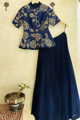 Navy Blue Silk Peplum Lehenga Set with Printed and Sequin Work