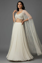 Ivory White Net Embellished Crop Top Lehenga with Long Shrug