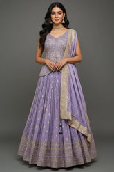 Purple Embellished Sequin Cutdana Worked Slit Cut Peplum Top with Lehenga