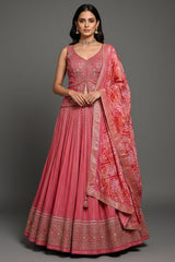 Red Embellished Sequin Cutdana Worked Slit Cut Peplum Top with Lehenga