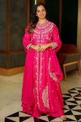 Pink Raw Silk Beaded High Slit Cut Palazzo Suit