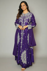 Violet Purple Raw Silk High Slit Cut Beaded Palazzo Suit