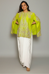 Parrot Green Raw Silk Beaded and Gota Work Cape Top and Dhoti Skirt Set