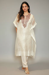 Ivory Beige Tissue Woven Stripes Kaftan Set with Beads and Embroidery Work