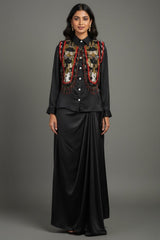 Black Satin Crepe Embellished Statement Shirt with Dhoti Skirt