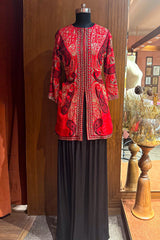 Red Raw Silk Embellished Sequin Beaded Top Palazzo Set