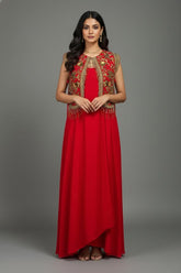 Red Satin Silk Dress with Embellished Jacket